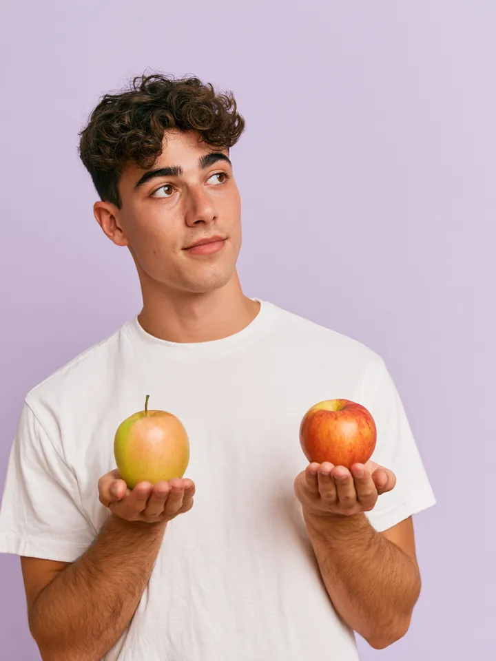 Man holding two different apples and weighing them, representing comparing lenders before choosing a Happy Money loan