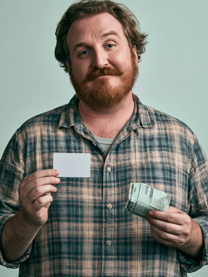 Man in a plaid shirt holding a blank ID card and a pay slip, representing documents for a Happy Money loan