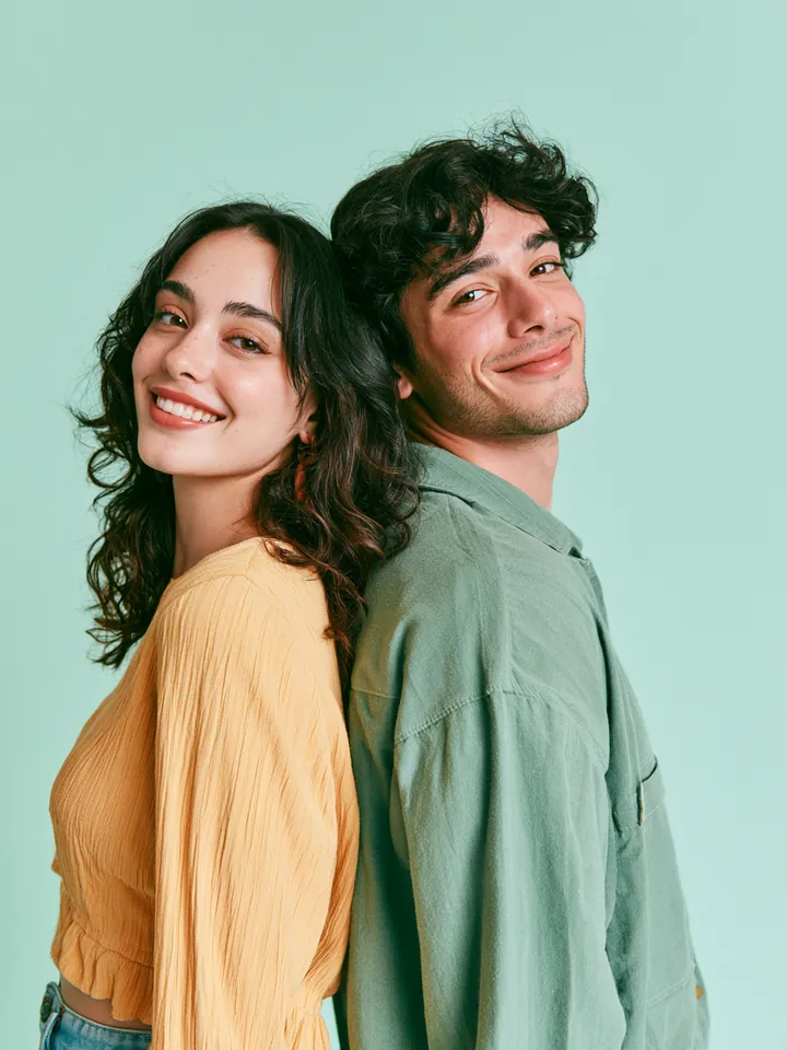 Young couple standing back to back and smiling, representing shared decisions about a Happy Money loan