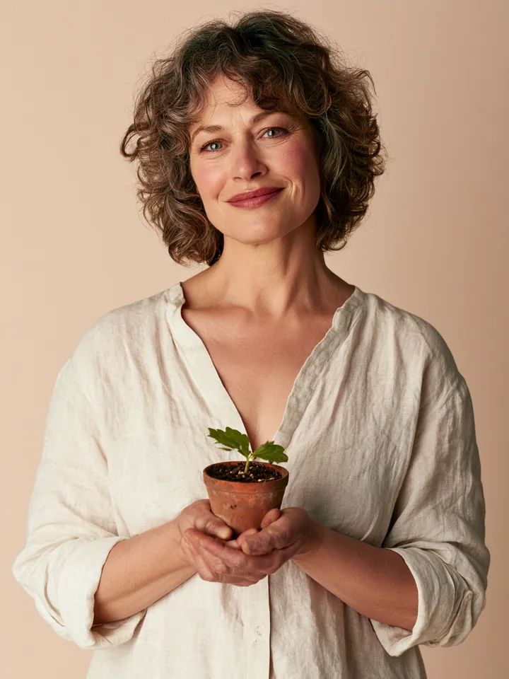 Woman in a linen shirt holding a sprouting plant, symbolizing a Happy Money loan repaid on schedule