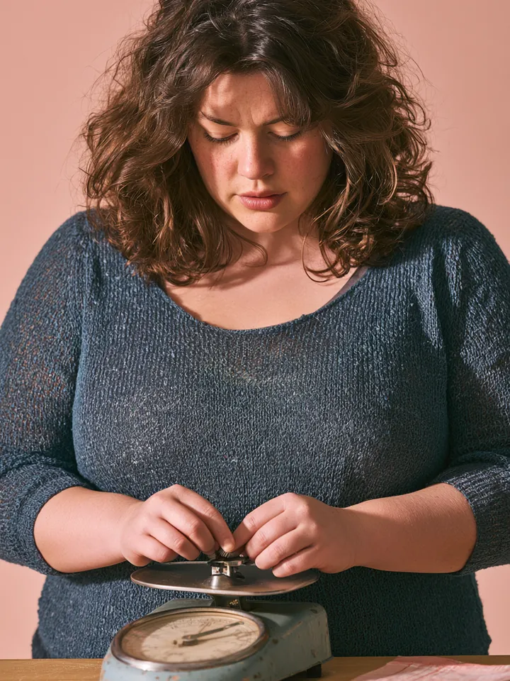Woman adjusting the dial of a small analog kitchen scale, representing weighing Happy Money loan offers
